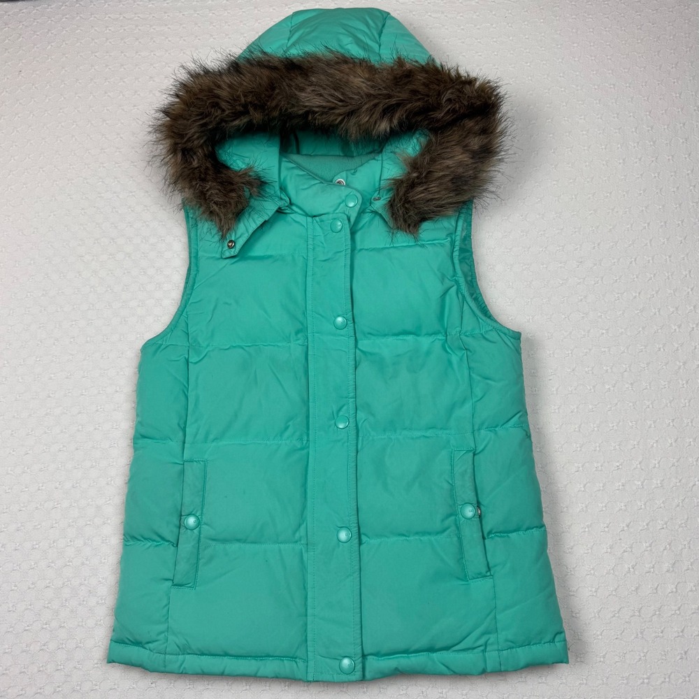 Gap Down Filled Puffer Vest Faux Fur Hood Women XS Green Winter Gorpcore VTG Y2K